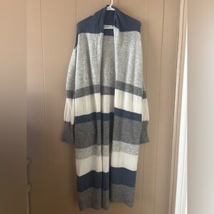 Three Bird Nest M/L Soft Long Open Front Duster Cardigan Pockets blue gray